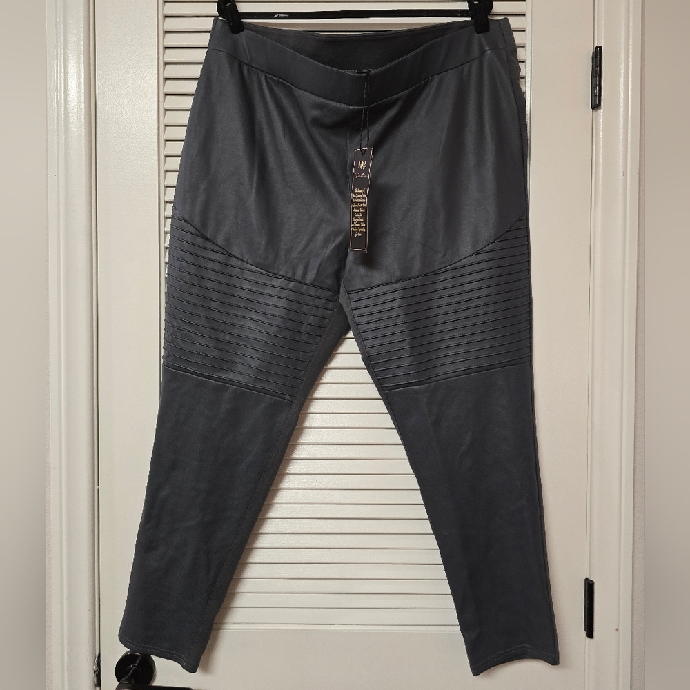 DG2 by Diane Gilman - (NWT)(Plus-Size) Gunmetal Faux Leather Ponte Moto Pants